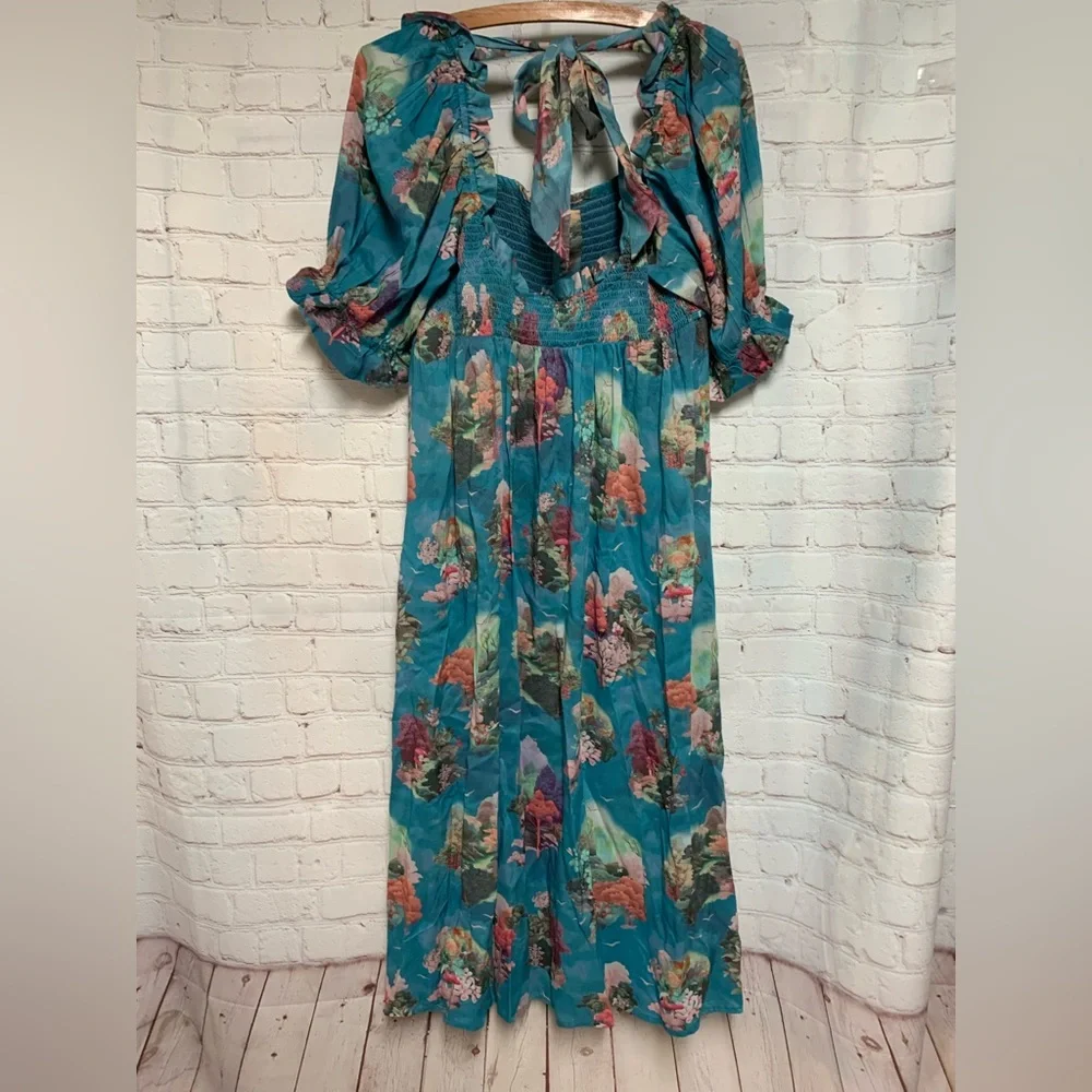NWOT Anthropologie Teal Floral Smocked Puff Sleeve Midi Dress S - Picture 9 of 9